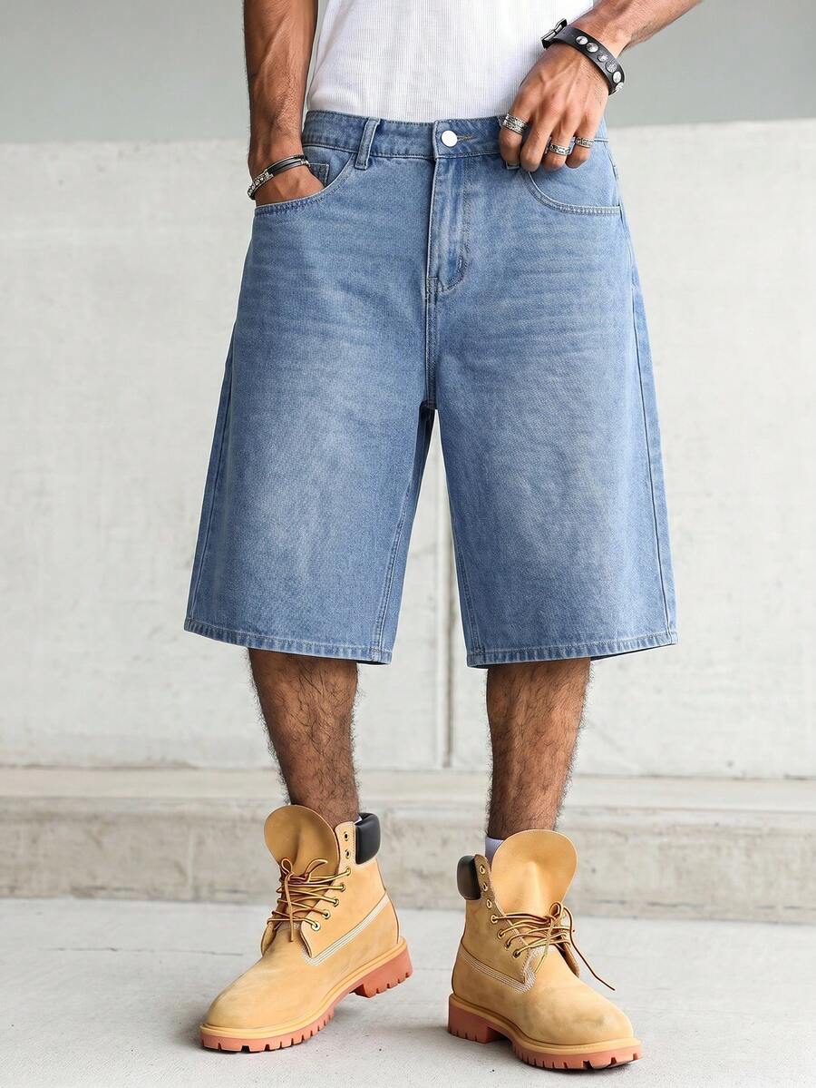 Men's Loose Fit Denim Shorts, Light Blue Washed Mid-Length Denim Shorts, Casual Street Style Loose Fit Denim Shorts - Light Wash - View 1