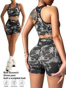 Women's Yoga Set, Racerback Sports Bra And High-Waisted Butt-Lifting Fitness Shorts, 2 Pieces Running Training Set With Chest Padding - Grey - View 3