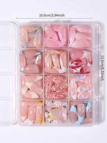 288片/盒（12款混色盒）杏仁形花卉條紋亮片蜜蜂法式穿戴甲，夏季美甲，法式美甲，易佩戴易卸除，方便攜帶 - 彩色 - 查看 5