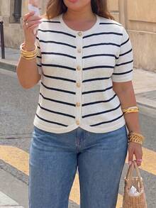 Plus Size Women's Round Neck Striped Single Breasted Casual Versatile Daily Knit Top - White - View 5