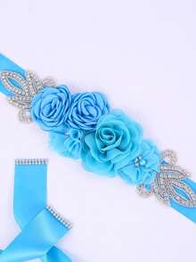 1pc Romantic Fabric Flower Handmade Rhinestone Bridal Waist Belt Wedding Dress Decor Maternity Photoshoot Accessory - Sky Blue - View 2