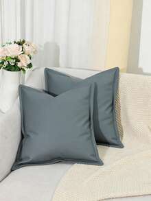Funda de almohada de cuero sintético minimalista y neutra con borde de ala, 45x45cm, funda de cojín de cuero vegano, almohada decorativa de granja moderna para sala de estar, dormitorio y sofá, sin relleno de almohada - azul cielo grisáceo - Ver 11