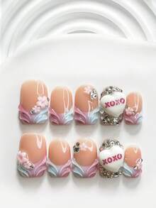10pcs Dreamy Girl Style Handmade Press-On Nails, Polygel Nail Set, Ditsy Floral, 3D White Heart, Pink And Blue Nail Polish, Sweet Style, Includes Nail Tools, 3 Sizes Available, Square, Short Square, Almond Shape, Suitable For Party, Dancing, Daily Wear - 彩色 - 查看 17