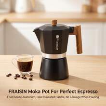 FRAISIN Cafetera Moka para Estufa, Cafetera de Espresso de Aleación de Aluminio de 3/6/12 Tazas con Mango de Madera Real, Cafetera de Espresso Estilo Italiano Clásico, Regalo Listo para Amantes del Café - Negro - Ver 1