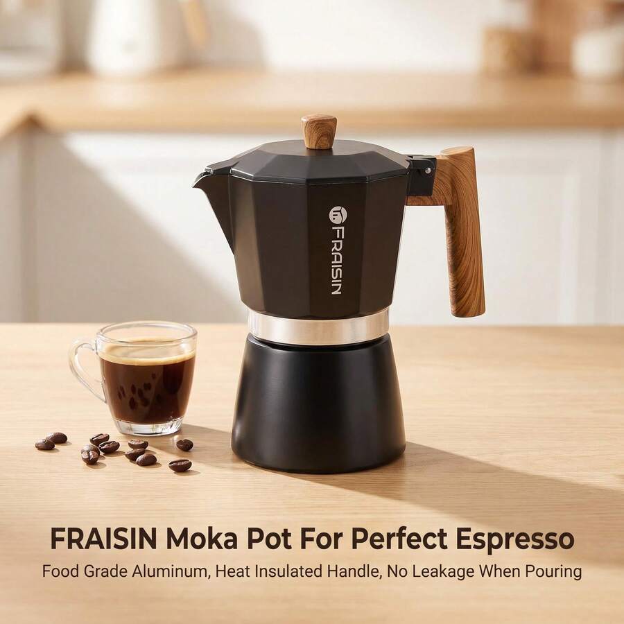 FRAISIN Cafetera Moka para Estufa, Cafetera de Espresso de Aleación de Aluminio de 3/6/12 Tazas con Mango de Madera Real, Cafetera de Espresso Estilo Italiano Clásico, Regalo Listo para Amantes del Café - Negro - Ver 1