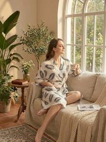 Robe de chambre style kimono pour femmes avec imprimé feuille de fougère, peignoir léger en mélange de coton col en V, manches 3/4, ceinture à nouer, poche, vêtement de nuit, tenue d'intérieur douce et respirante, convient pour la mariée, le spa, le sommeil quotidien à la maison, robe de chambre décontractée pour femmes - Multicolore - Voir 6