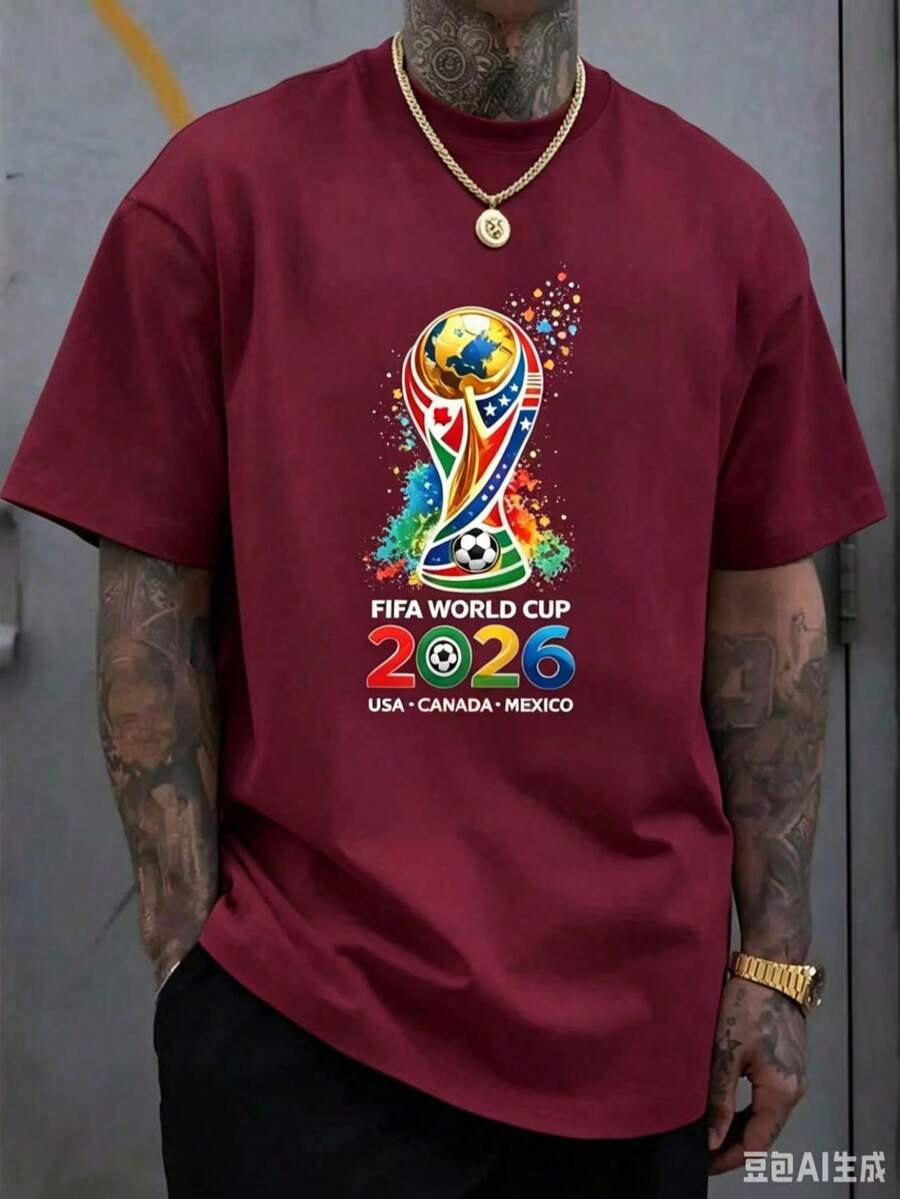 [Official FIFA World Cup Licensed]World Cup T-Shirt, Unisex, 2026 Football Jersey, USA, Canada, Mexico Styles, Fan Gift, Fan Apparel, Single Piece - 勃根地色 - 查看 1