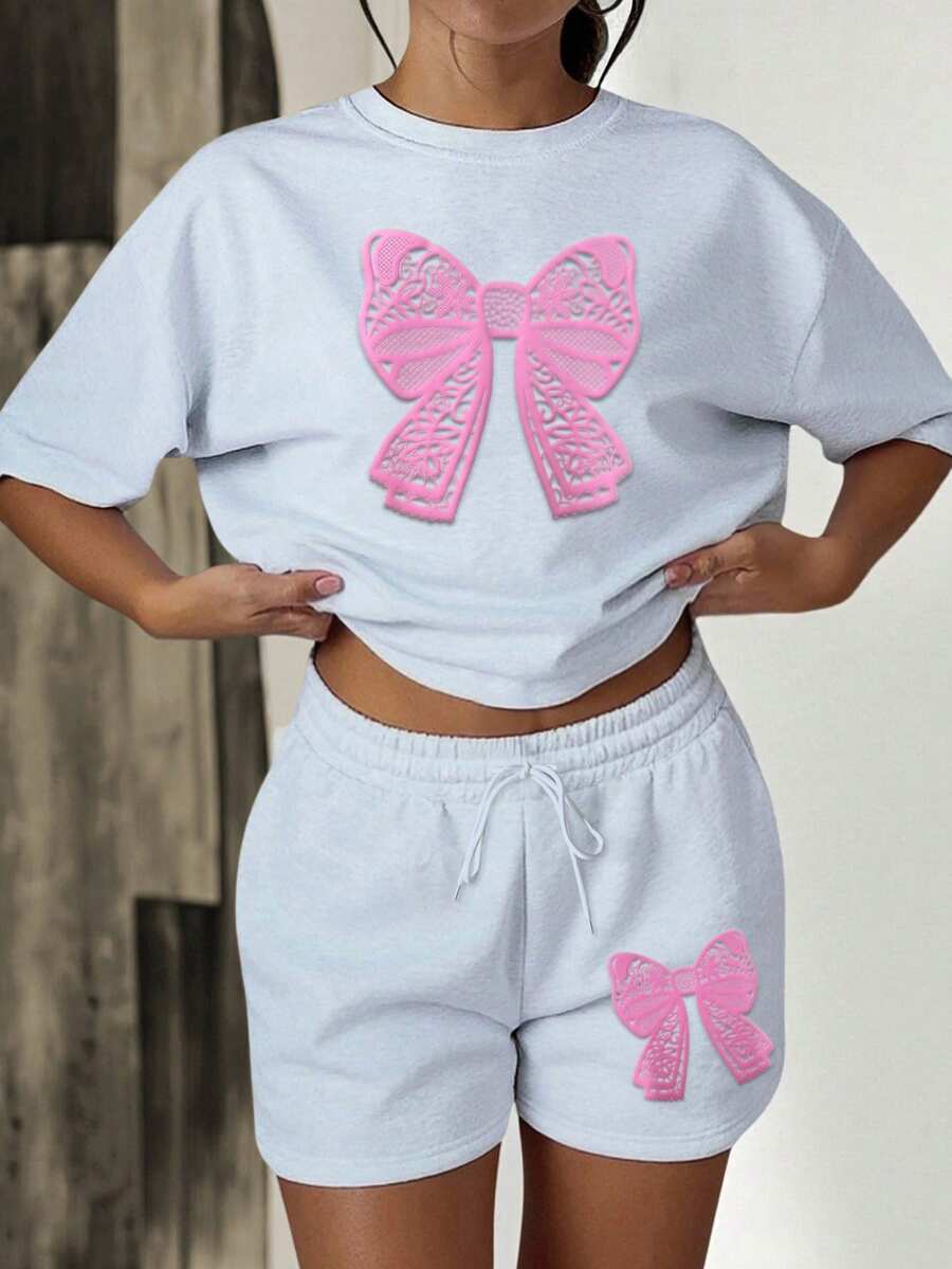 2 piezas/1 set Sudadera casual de mujer de unicolor con decoración de lazo suelto, top de cuello redondo estampado y shorts de verano elegante - Gris Claro - Ver 1