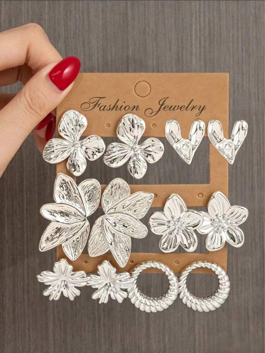 Set Anting-Anting Bunga, Hati, dan Lingkaran Perak 2/12pcs, Anting-Anting Minimalis Elegan Serbaguna Cocok untuk Berbagai Acara - Perak - View 1
