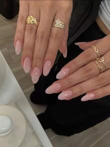 24pcs Short Almond Shaped Nail Stickers, Simple Solid Color Glossy Fake Nails, Suitable For Women And Girls Daily Wear Nail Art Supplies - Baby Pink - View 2