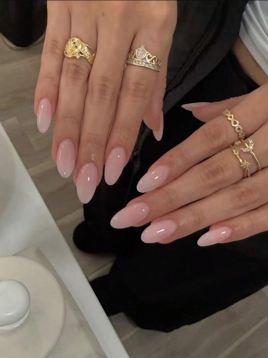 24pcs Short Almond Shaped Nail Stickers, Simple Solid Color Glossy Fake Nails, Suitable For Women And Girls Daily Wear Nail Art Supplies