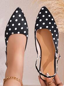 Vintage Polka Dot Pointed Toe Back Strap Flat Shoes, Women's Casual Ankle Strap Flats, Versatile For Daily Wear And Commuting - Polka Dot Black - View 1