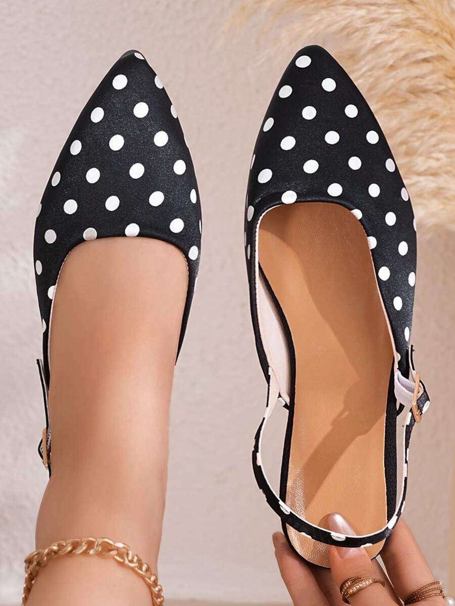Vintage Polka Dot Pointed Toe Back Strap Flat Shoes, Women's Casual Ankle Strap Flats, Versatile For Daily Wear And Commuting - Polka Dot Black - View 1