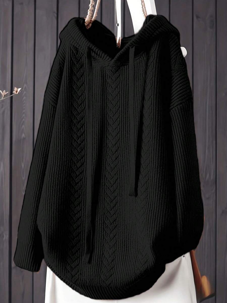 Suéter holgado con capucha, mangas largas y cordón ajustable en unicolor para mujer de talla grande - Negro - Ver 1