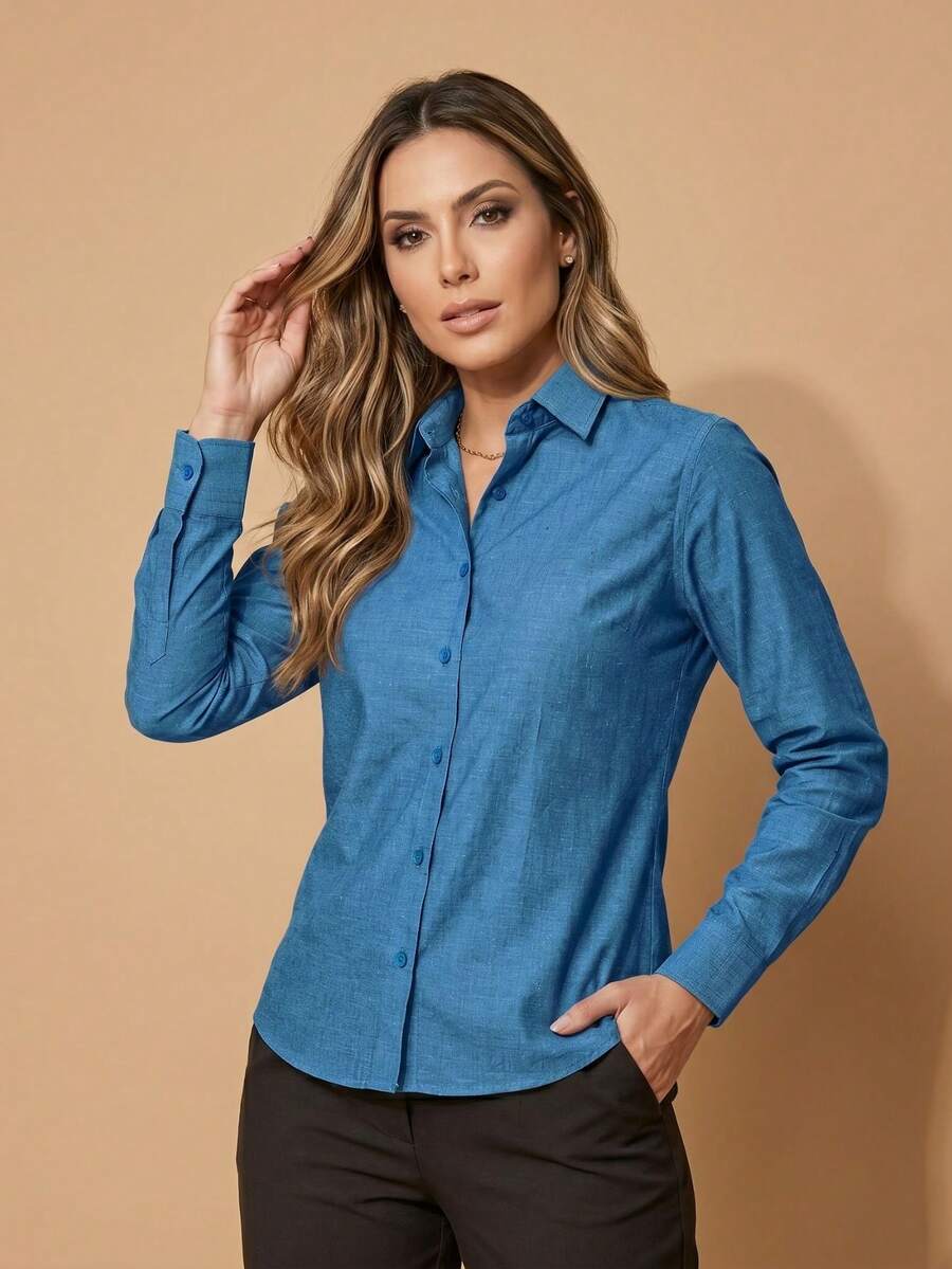 Women's Premium Linen-Style Dress Shirt, Long-Sleeved, Structured, Straight Fit, Plain Polyester With Linen Print - 靛藍牛仔褲 - 查看 1