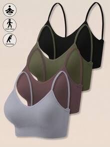 Set Of 4 Women's Seamless Striped Bras, Strappy Back, Wireless, Sexy And Comfortable Padded Underwear - 灰色 - 查看 1