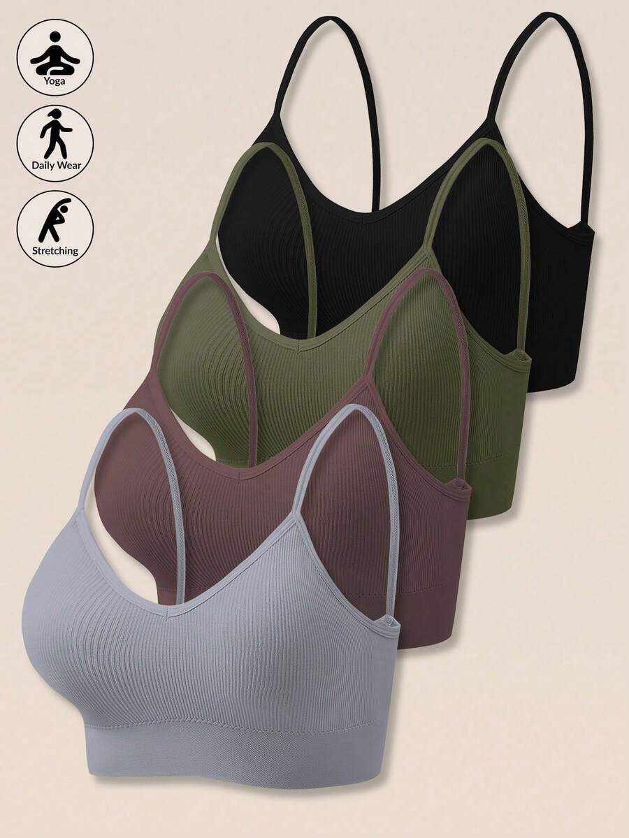 Set Of 4 Women's Seamless Striped Bras, Strappy Back, Wireless, Sexy And Comfortable Padded Underwear - 灰色 - 查看 1