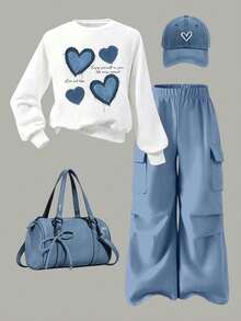 Youth Girl Cartoon Print Warm Crew Neck Sweatshirt And Cargo Pants - White - View 2
