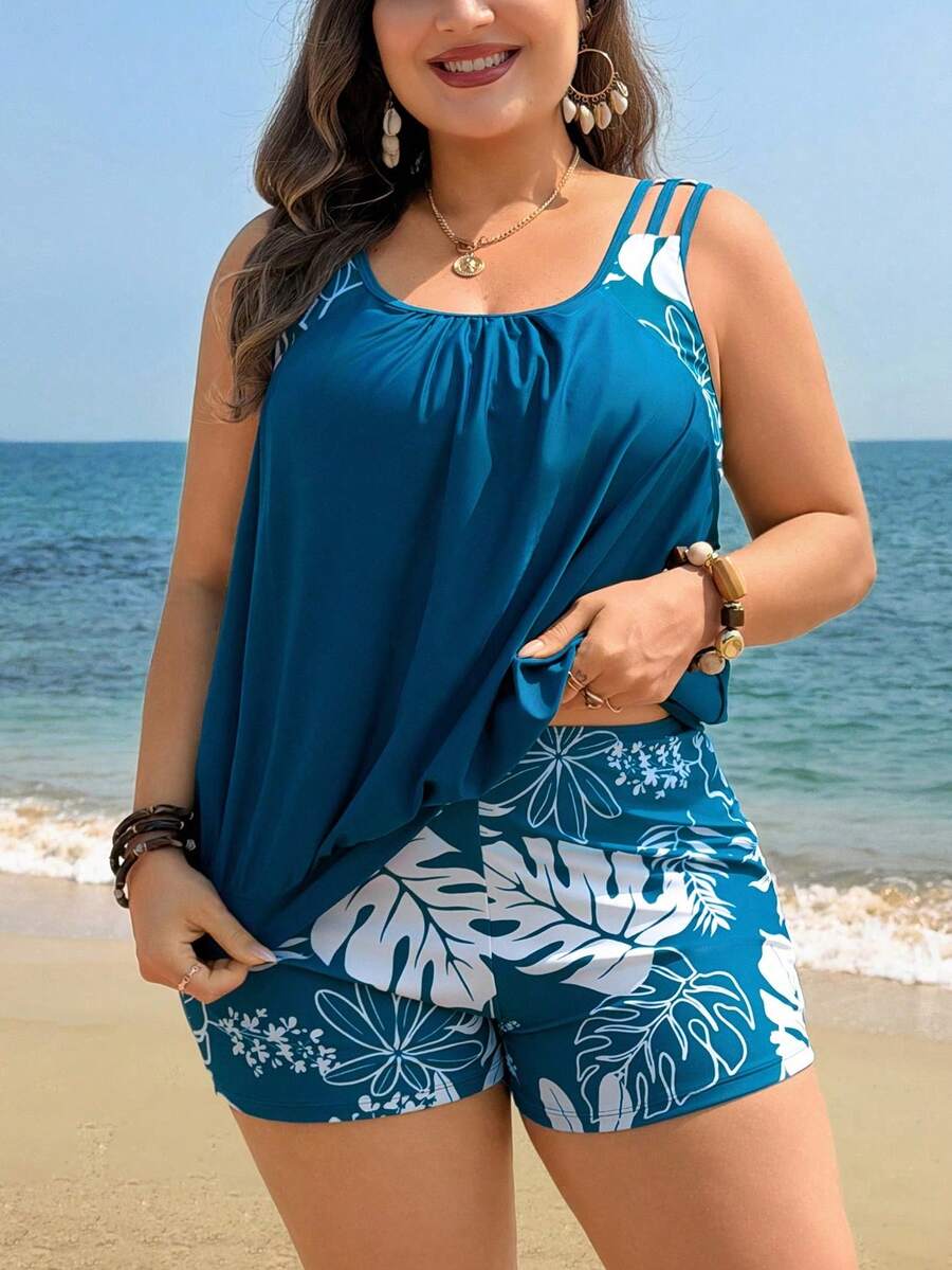 Swim Lushoire Traje de baño tankini de talla grande con estampado digital para mujer, adecuado para playa y piscina en verano. Traje de baño tankini de talla grande con pantalones cortos. Tr - Multicolor - Ver 1