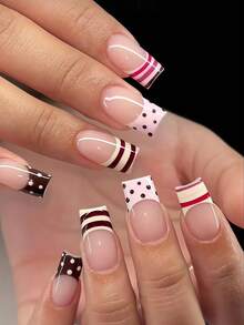 24pcs Medium Square Y2K Polka Dot Striped Geometric Pattern French Style Full Cover Fake Nails, Romantic Vibe, Suitable For Women And Girls, Summer Party, Office, Daily Wear, Includes 1 Adhesive Sheet And 1 Mini Nail File, Random Shipment - Multicolor - View 2