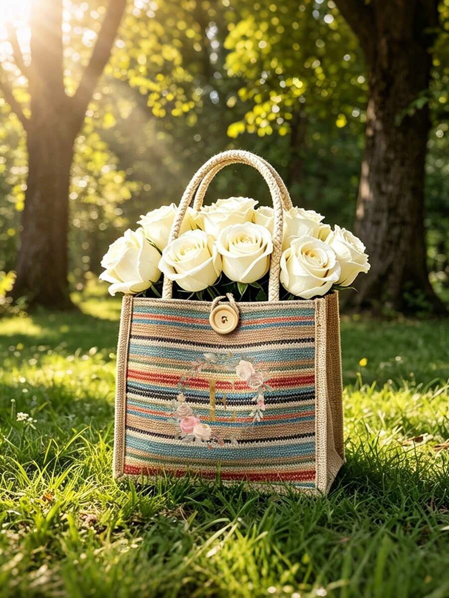 Minimalist Letter Print Rainbow Stripe Tote Bag, Large Capacity, Suitable For Daily Use, Vacation And Commuting, Ideal Gift (Graduation Season And More Occasions) - Multicolor - View 1
