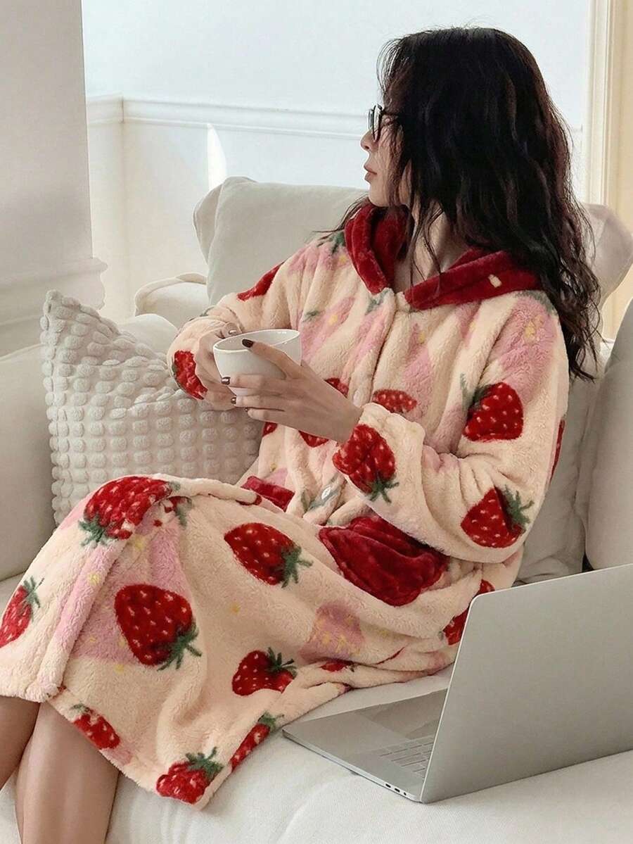 DAZY 草莓印花连帽休闲睡袍,圣诞礼物,长袖保暖加厚抓绒纽扣休闲家居服,带口袋,1件装,女士家居睡衣,秋冬季,适合秋冬季节,蓬松舒适 - 彩色 - 查看 1