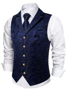 Big & Tall Navy Paisley Jacquard Lapel Vest Set With Gold Buttons, Formal Waistcoat With Tie, Gold Tie Clip - Navy Blue - View 5