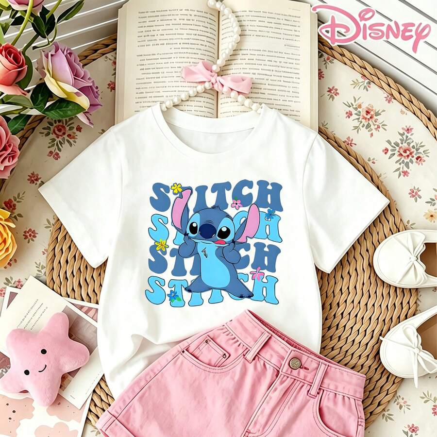 Disney Lilo & Stitch Stacked Letter Print Teen Girl Clothes T-Shirt, Cute Floral Graphic Short Sleeve Crew Neck Tee - 白色 - 查看 1