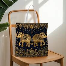 1pc Vintage Elephant Pattern Tote Bag, Decorative Gold & Black Floral Textile Design Reusable Shopping Bag, Multi-Functional Printed Handbag, Casual Style, Perfect For Book Lovers - Multicolor - View 3