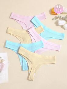6 قطع/مجموعة سراويل داخلية مضلعة مريحة بتصميم ثونغ G-String T-Back بدون خياطة، سراويل داخلية نسائية مثلثة مثيرة ومريحة - متعدد الألوان - مشاهدة 7