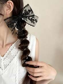 1pc Girls Elegant Braided Black Lace Bow Beaded Spiral Telephone Cord Hair Tie, Suitable For Daily Wear And Party, Essential Fashion Hairstyle Accessory - Multicolor - View 6