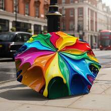 1pc Rainbow Folding Umbrella - Creative Colorful Fluid Design With Flowing Gradient Colors And Artistic Ink Splatter Effect, Flat Print Folding Umbrella, Lightweight And Portable, Travel Commute, Casual Daily Use, Commuting Accessory, Durable Canopy, Durable Plastic And Iron, Holiday Gift - Multicolor - View 4
