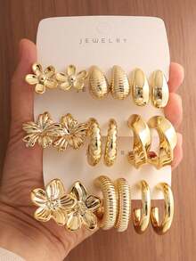 6/18PCS Women's Gold Flower, Water Drop, C-Shape, Asymmetrical Shape Stud Earrings Set, Personalized Fashion Vintage Niche Style, Suitable For Gifts, Music Festivals, Parties, Vacation, Travel, Daily Commute - Multicolor - View 7