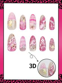 10片中號杏仁形法式穿戴甲，夏季海灘風 3D 貝殼紋理，法式甲尖飾有海星、貝殼、白色珍珠與水鑽，亮面全覆蓋假指甲，適合女性與女孩日常佩戴 - 淺粉色 - 查看 2