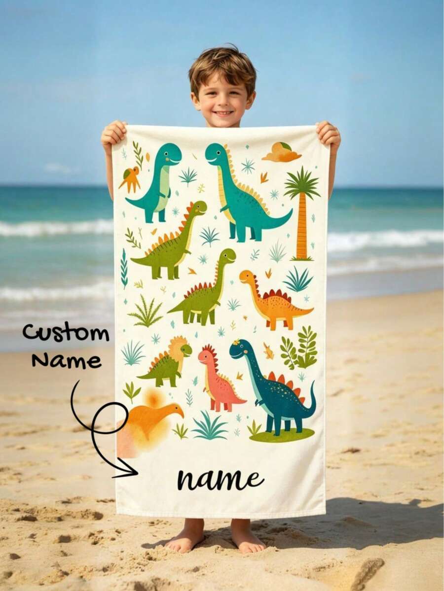Personalized Cartoon Dinosaur Towel For Kids, Striped Quick Absorbent Dry Bath Towel, Gift For Holiday & Travel, Perfect Present For Friends & Family - Multicolor - View 1
