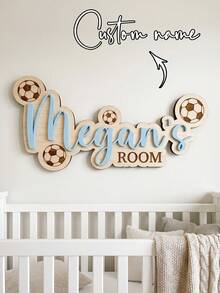 Customized Football Theme Wooden Name Plate Wall Decor, 3D Double-Layered Overlap Design, 30cm/40cm/50cm Sizes, Personalized Name Sign Birthday Gift - Black - View 2