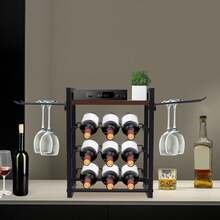 Flaschenregal, Weinregal Mit Aufhängehaken 9 Flaschen Wein Getränkeregal Gesamttragfähigkeit Etwa 22.68kg Für Weinkeller - Schwarz+Braun - Übersicht 5