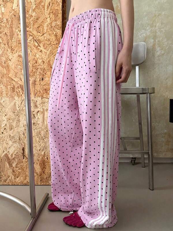 New Fashionable Elegant Polka Dot & Striped Pocket Women's Pants, Suitable For Home, Vacation, School, Date, Travel, Casual Wear, Elastic Waist Pink
