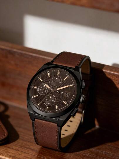 Fossil 42mm Men's Quartz Watch, Brown Dial, Genuine Leather Strap, 50M Water Resistant, Fashion Casual Watch FS5798