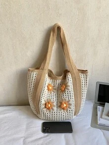 夏季新款海灘度假風休閒時尚女款草編編織托特包，大容量肩背購物手提包 - 米色 - 查看 7
