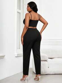SHEIN Lady Plus Fold Pleated Slant Pocket Pants Plus Size Women's Pants, Summer Coordinated, Rave Festival, Long Women Dresses, Wedding Reception Dress Black - Black - View 2