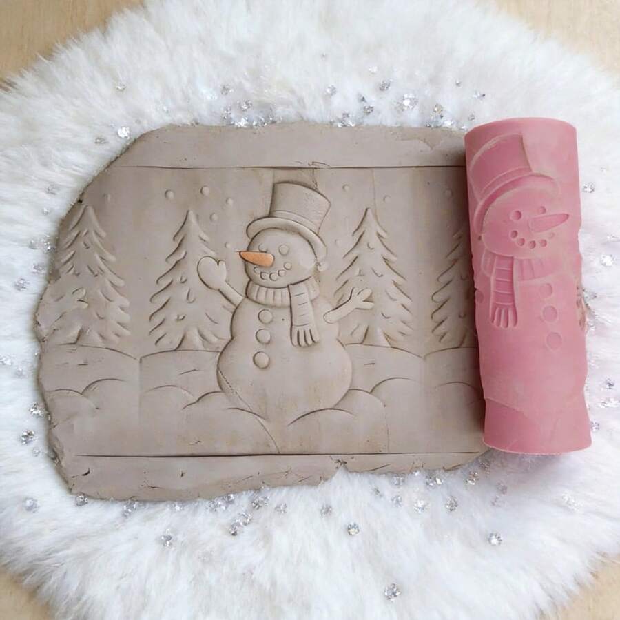 PLA Pine Forest Snowman Pattern Clay Relief Texture Roller, DIY Pottery Craft Rolling Pin Tool For Polymer Clay, Ceramic, And Embossing – Whimsical Winter Woodland Design For Evergreen Artistic Creations - Pine Forest Snowman Pink - View 1