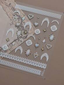 Autocollants pour ongles d'été avec motif de dentelle vintage baroque en relief, décoration d'ongles minimaliste avec cœur français et gemme - Multicolore - Voir 8