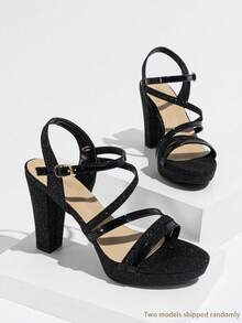 Queenigma Women's Platform High Heel Sandals, Peep Toe, Chunky Heel, Lace-Up, Glossy Black, Fashion Street Style, Suitable For Party, Holiday, Daily Wear - Black - View 9
