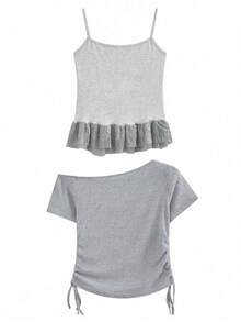 2pcs/Set Bow Tie Ruched Lace Crop Top + Camisole, Sexy Revealing Outfit Summer Elegant - Grey - View 6