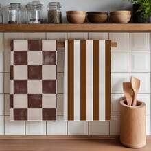 2PCS Kitchen Towels Coffee Color Plaid Striped Print Microfiber Kitchen Towels, Modern Minimalist Style 40*60cm Rectangular Dish Cloth, Tablecloth, Hand Towel, Kitchen Decor, Home Decor, Neighbor Housewarming Gift, Kitchen Bathroom Supplies Home Essentials - Khaki - View 1