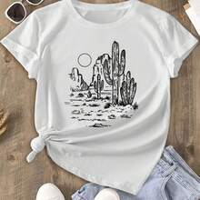 Camiseta de Mujer con Estampado de Cactus y Flcomndoes del Desierto del Suroeste - Diseño de Cactus, Agave y Flcomndoes Silvestres, Tallas S-XXL, Cuel - Blanco - Ver 1