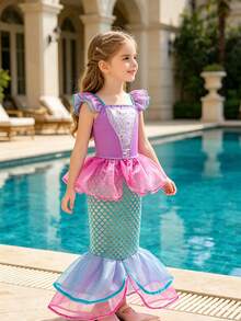 8 peças/Conjunto Acessórios de Vestido de Sereia Rosa Sem Mangas com Estampa Floral para Meninas, Conjunto de Fantasia de Princesa Infantil para Festa, Natal, Halloween - Rosa chiclete - Visão 5