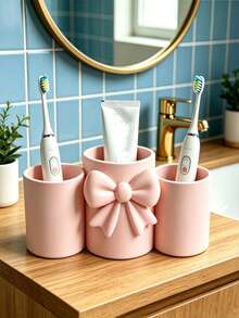 1pc 3-Slot Bowknot Toothbrush Holder, Makeup Brush Storage Rack, Bathroom Storage Box, Cotton Swab/Toothpick Organizer, Electric Toothbrush And Toothpaste Bathroom Organizer, Home Countertop Storage Cup, Decorative Ornament, Home Decor - Multicolor - View 5