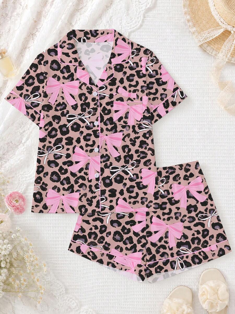 2pcs Women Pajama Set, Leopard Print & Bow Decor, Ladies Homewear, Spring/Summer Holiday Outfit, Short Sleeve Lapel Top And Shorts Lounge Wear - Pink - View 1
